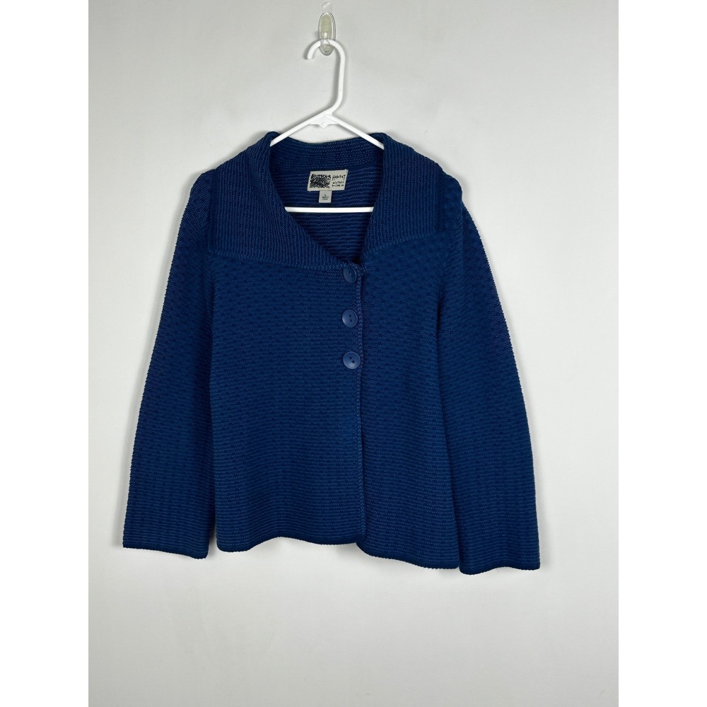 Habitat Blue Sweater Jacket Womens Size Large Cotton Lagenlook Slouchy Knit Coat